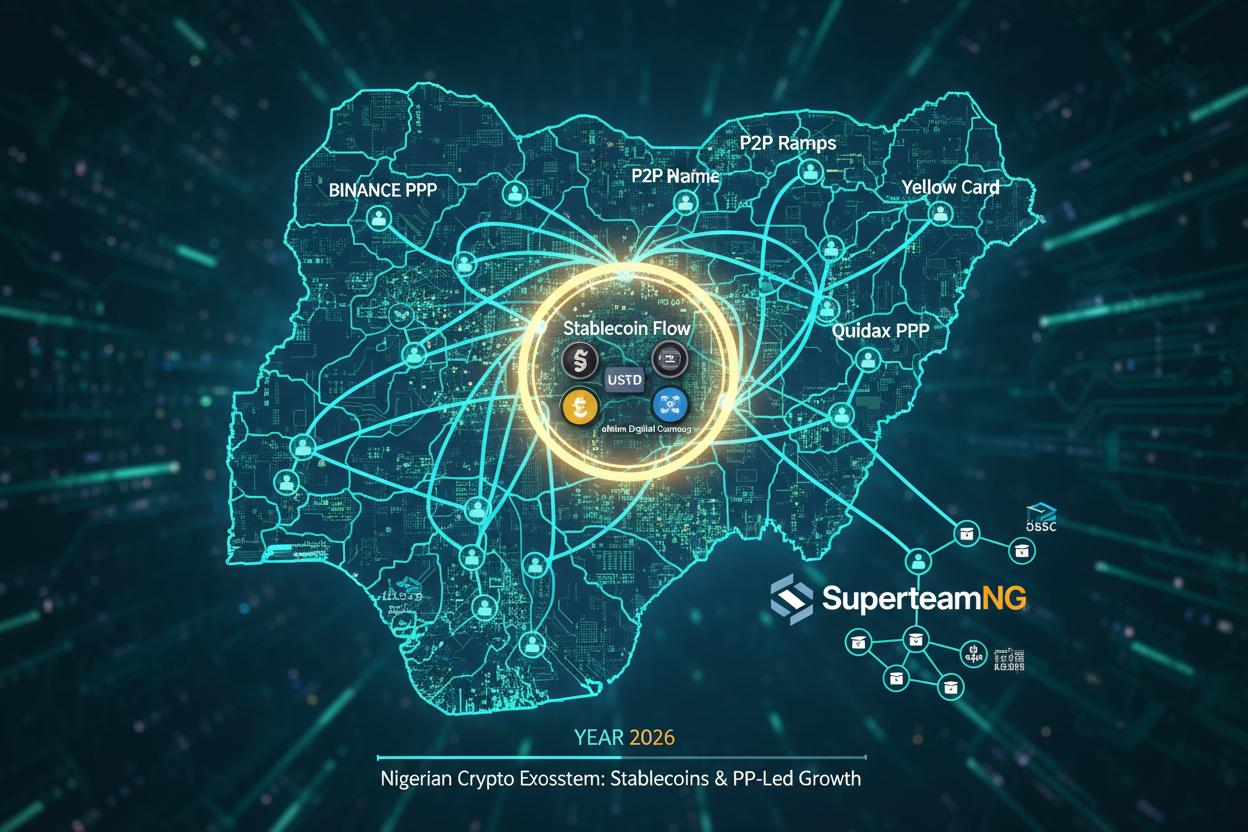 Vibrant interactive map of NGN stablecoin P2P liquidity in Nigeria 2026 highlighting top ramps like Binance P2P Quidax Yellow Card Busha OKX Bybit Remitano Bitmama Hempstack Roqqu