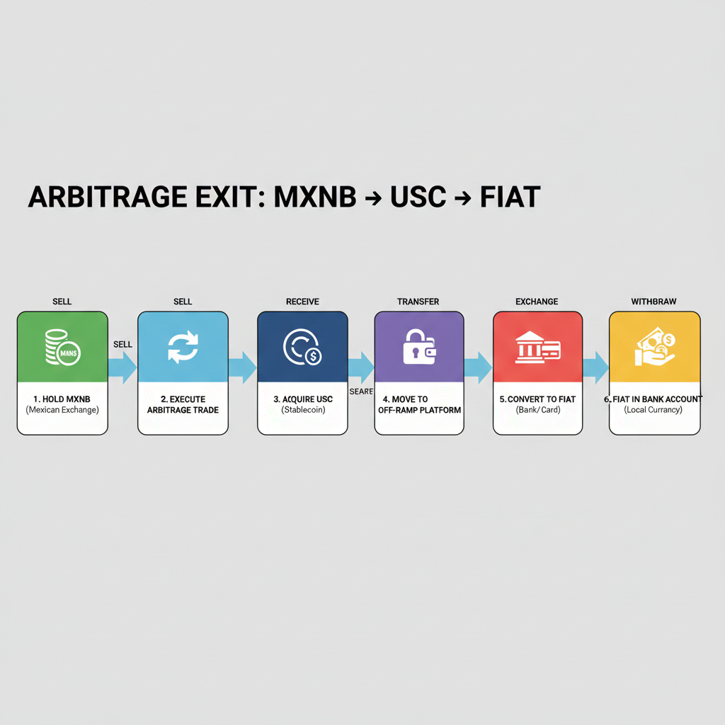 step-by-step arbitrage exit flow diagram from MXNB back to fiat via USDC