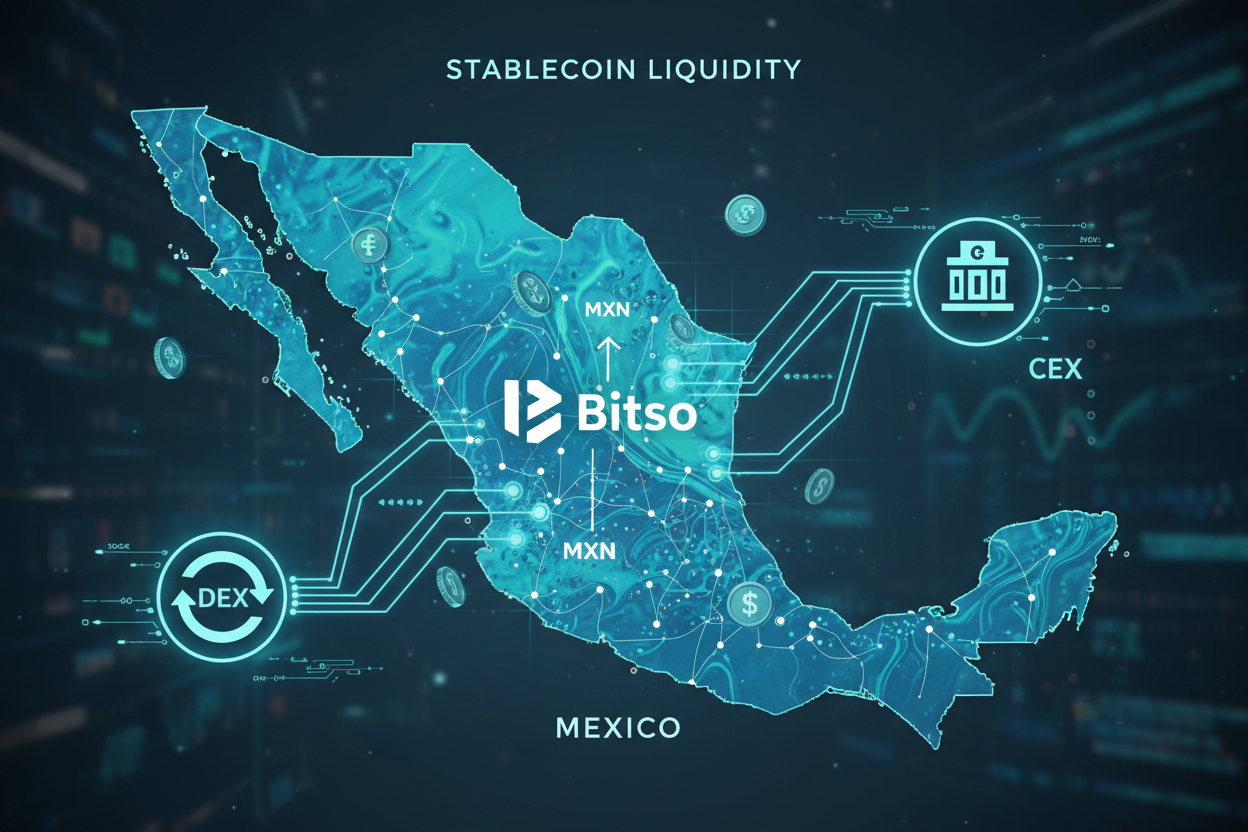 Interactive map visualizing MXN stablecoin liquidity pools across DEXs and CEXs in Mexico, highlighting top MXNB and MXNe trading pair volumes 2026