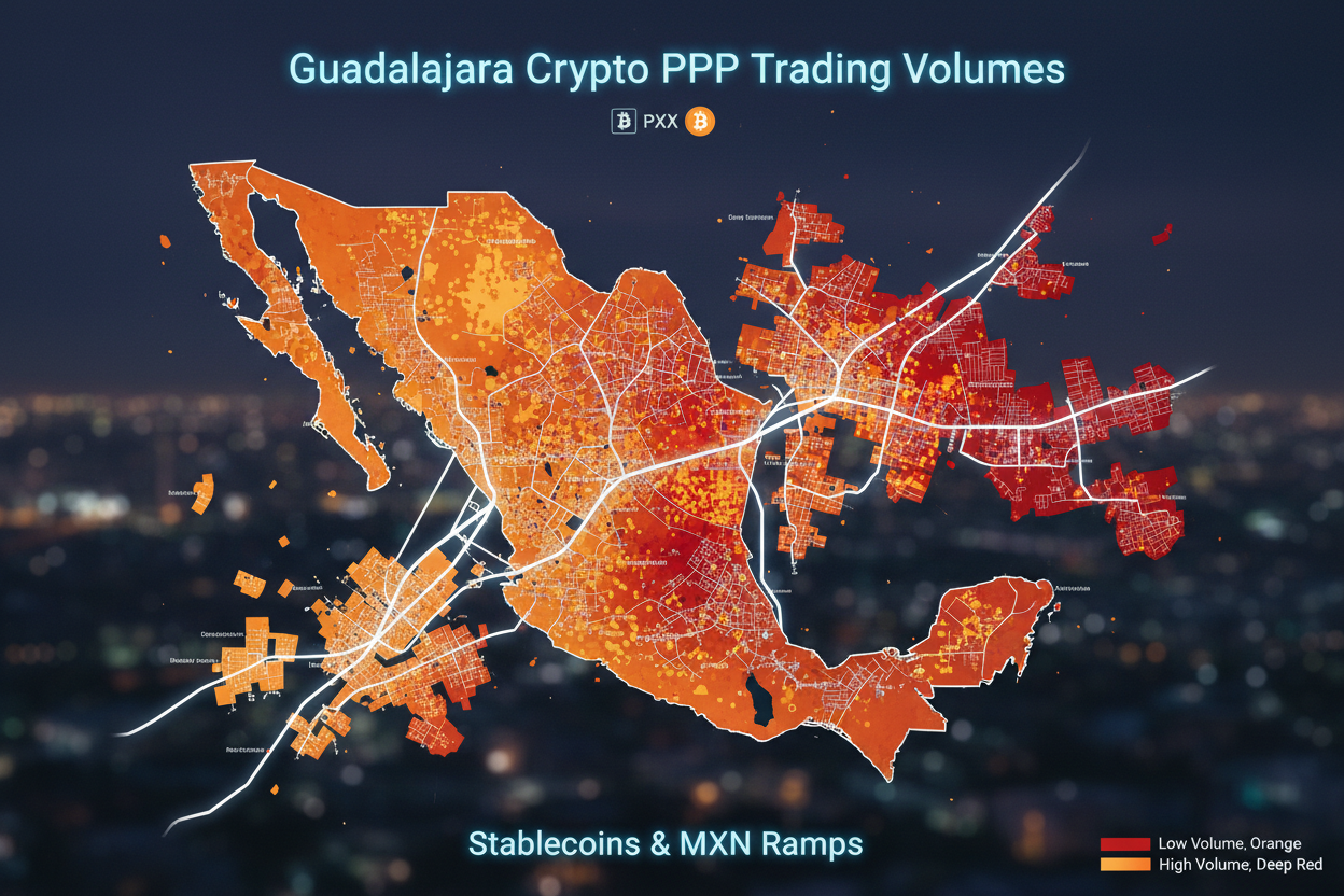 Vibrant heatmap of Guadalajara neighborhoods highlighting top MXN stablecoin P2P ramps trading volumes and liquidity depths for Binance SPEI Hub, Bybit OXXO Centro, OKX BBVA Zapopan, Bitget Banorte Providencia